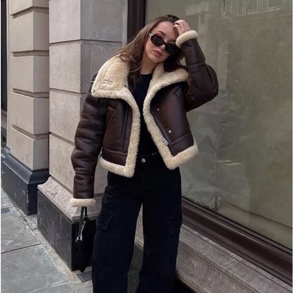 Influencer Famous Aviator Faux Sherling Faux Leather Buckle Moto Coat Jacket - Picture 3 of 14